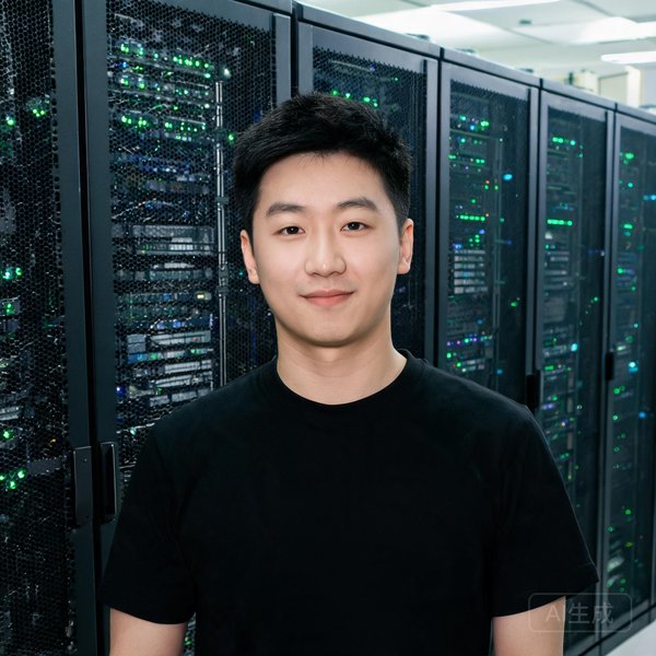 数据工程师刘洋，短发，穿黑色T恤，身后是服务器机柜